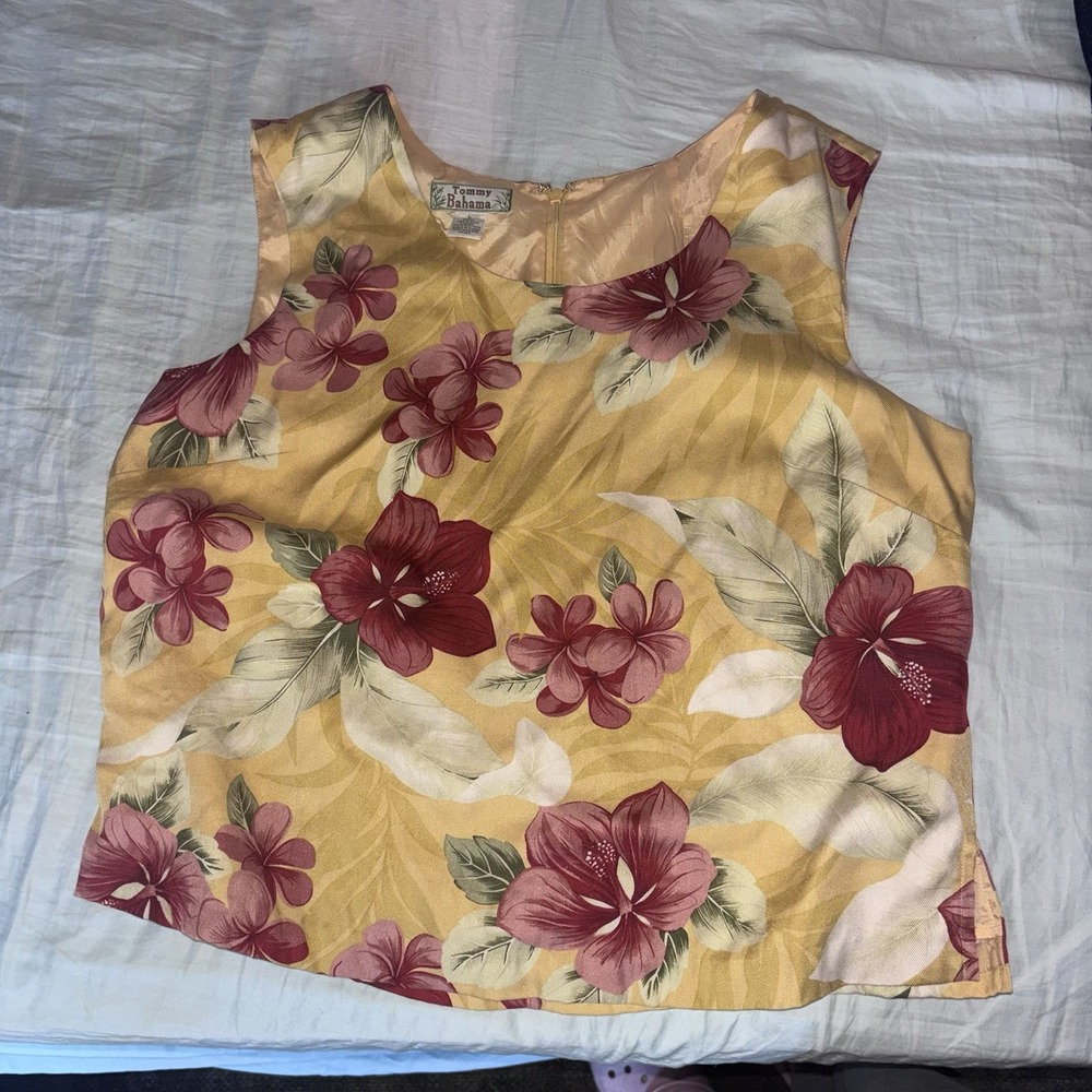 Tommy Bahama Womens L Yellow Silk Tropical Floral Sleeveless Tank Blouse Vintage